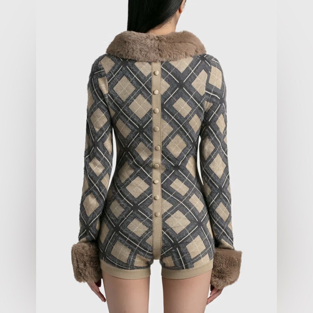 House of Sunny Beige and Gray Argyle Romper with Faux Fur Trim - Picture 2 of 4